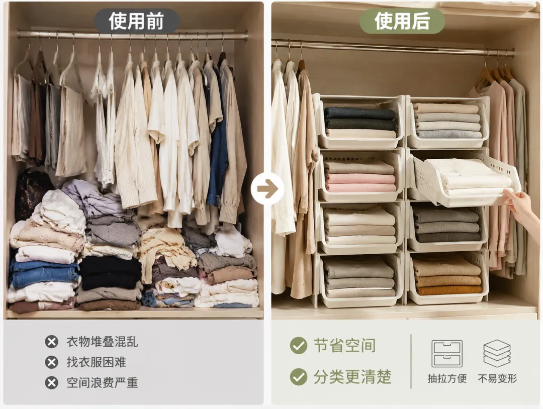 衣柜分层收纳盒使用前后对比图案例